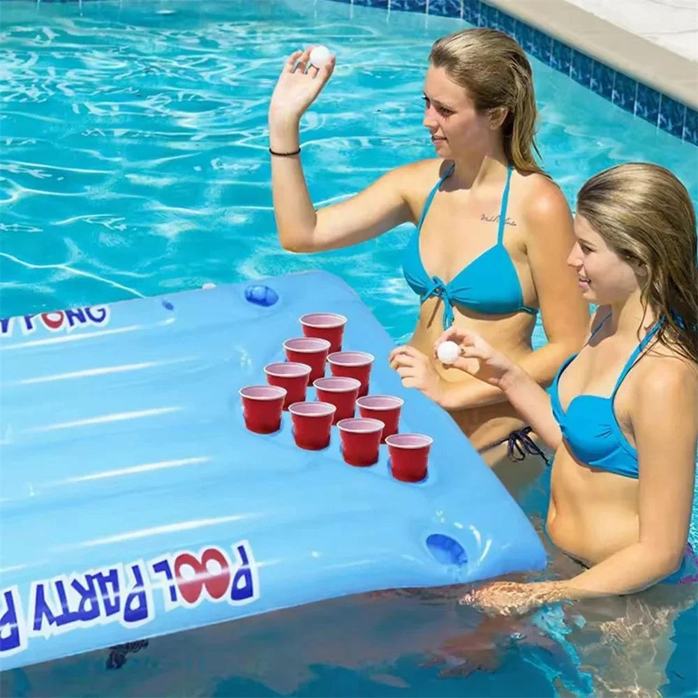 Inflatable PVC Float Game Pong Mat Swimming Pool Beach Cup Holder Floating Lounge Raft - 6