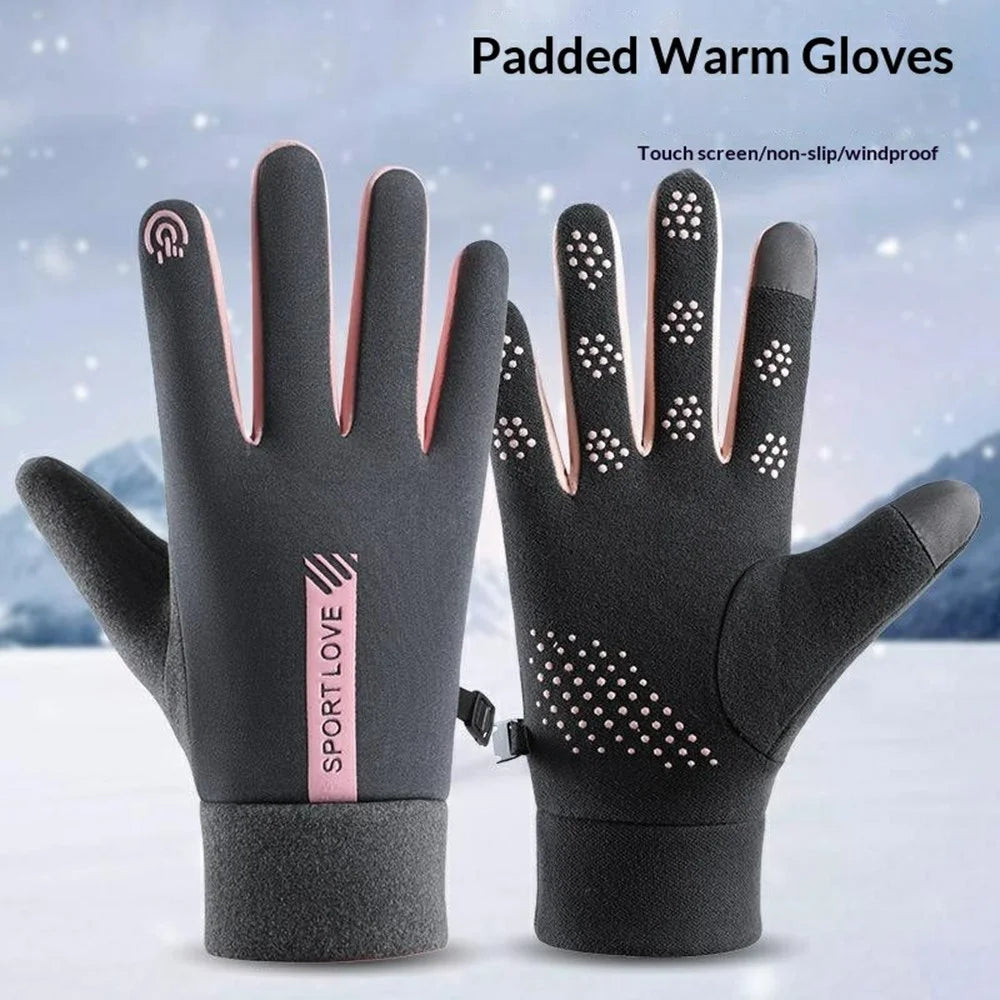 1 Pair Unisex Winter Gloves Fleece Thermal Waterproof Touchscreen Gloves for Outdoor Sports - Women / Grey + Pink - 2