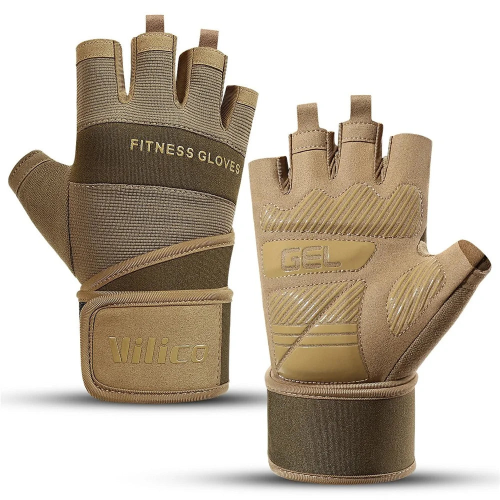 VILICO A0146 Fitness Half Finger Gloves Extended Wrist Strap Anti Slip Weightlifting Dumbbell Training Gloves - Brown / M - 1