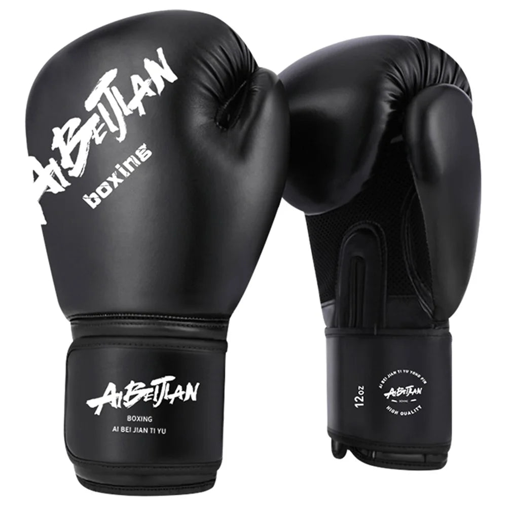AIBEIJIAN 12oz Adult Breathable Boxing Gloves PU Training Gloves Punching Bag Kickboxing Mitts - Black - 1