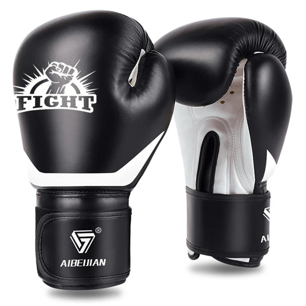 AIBEIJIAN 12oz Adult PU Mitts for Muay Thai MMA Training Workout Kickboxing Sports Boxing Gloves - Black - 1