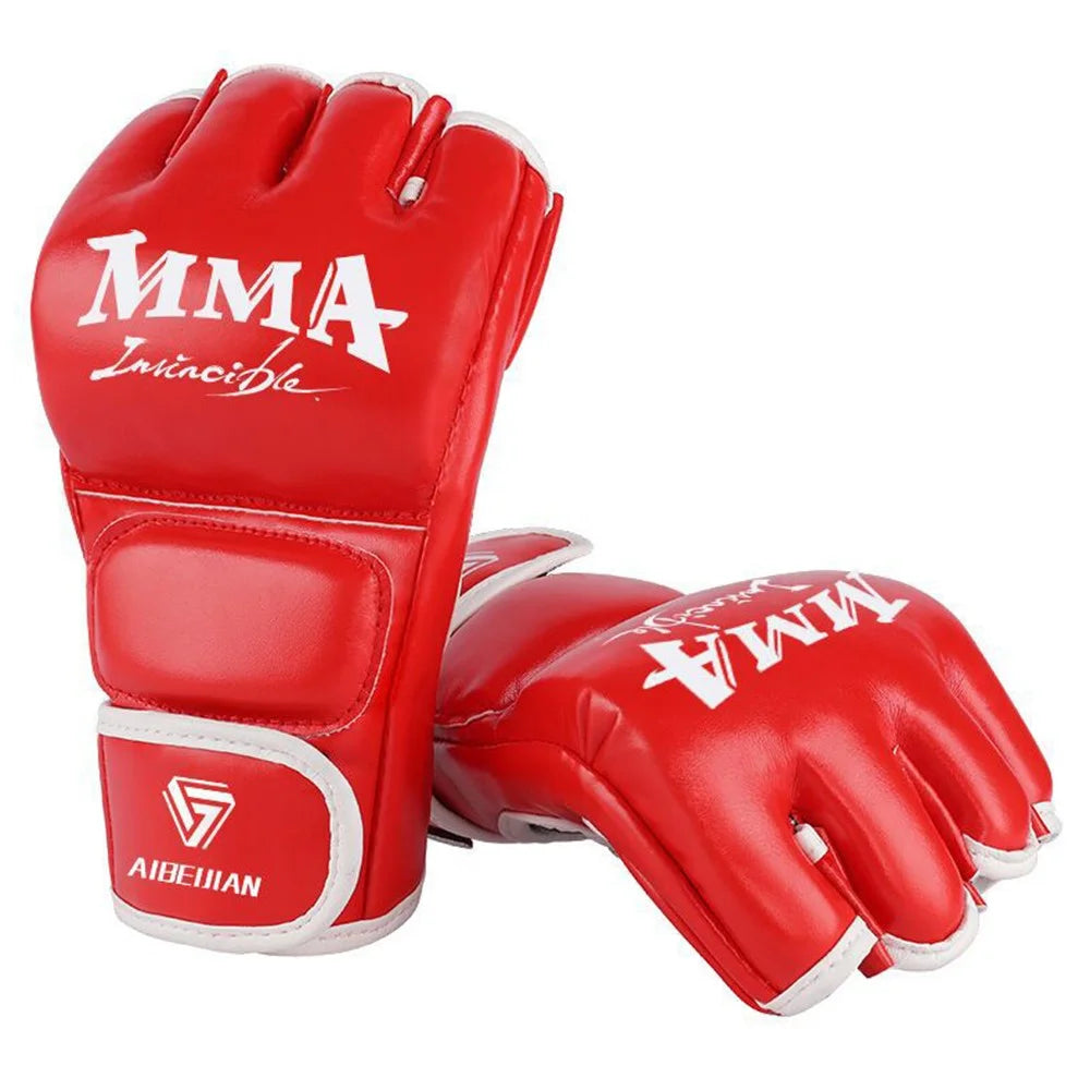 AIBEIJIAN Half Finger Boxing Gloves PU Leather MMA Fighting Kickboxing Gloves for Muay Thai Training Workout - Adult / Red - 1