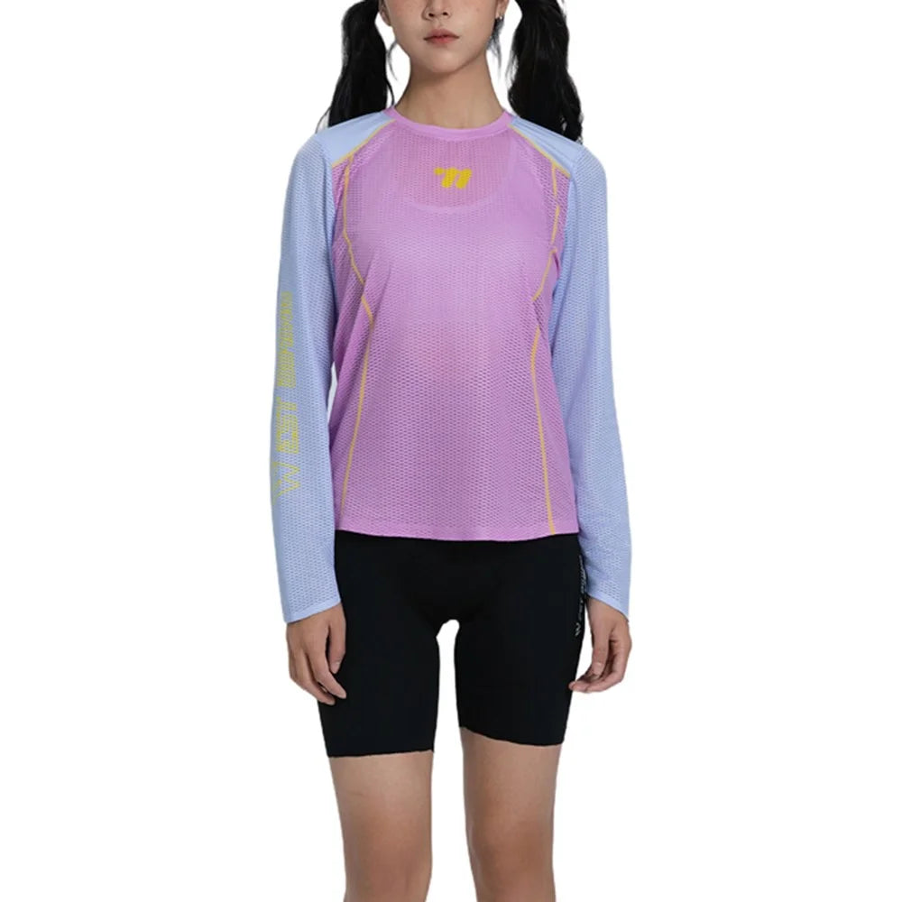 WEST BIKING YP0202342 Women Outdoor Quick Dry Cycling Jersey Long Sleeve Breathable Hiking Running Training Top, M / L - Pink / Blue - 1