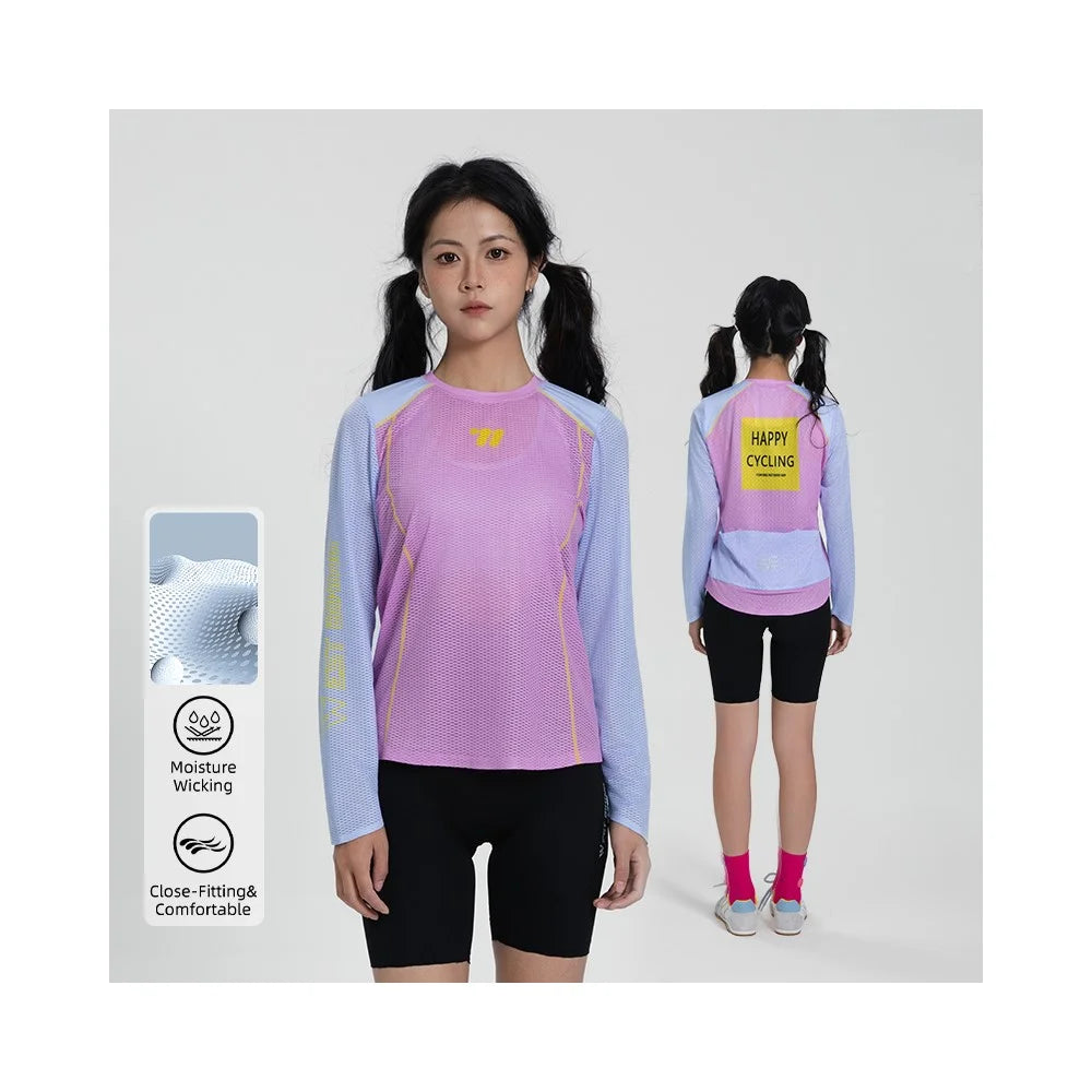 WEST BIKING YP0202342 Women Outdoor Quick Dry Cycling Jersey Long Sleeve Breathable Hiking Running Training Top, M / L - Pink / Blue - 2