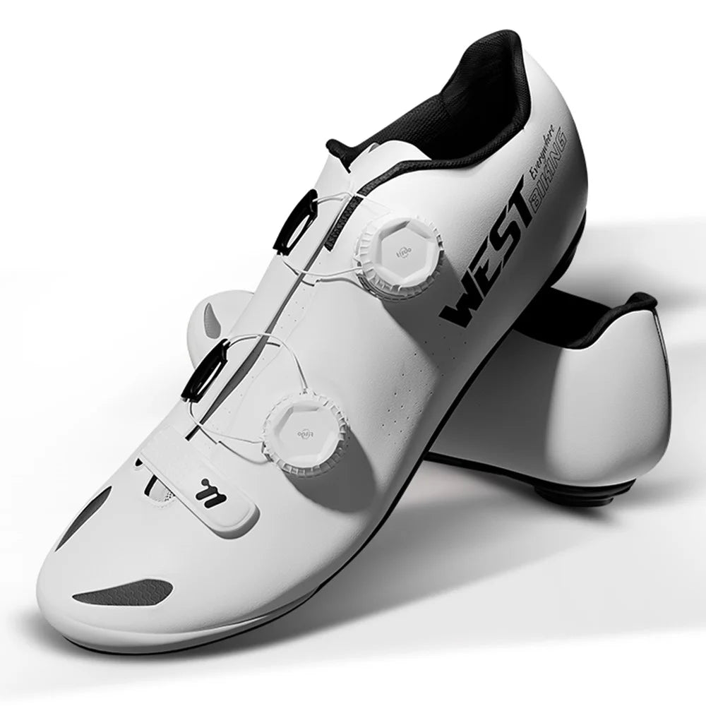 WEST BIKING YP0709059 MTB Road Bike Microfiber Carbon Fiber Cycling Shoes Dual Rotary Buckle Lock Shoes - White / Size 36 - 1