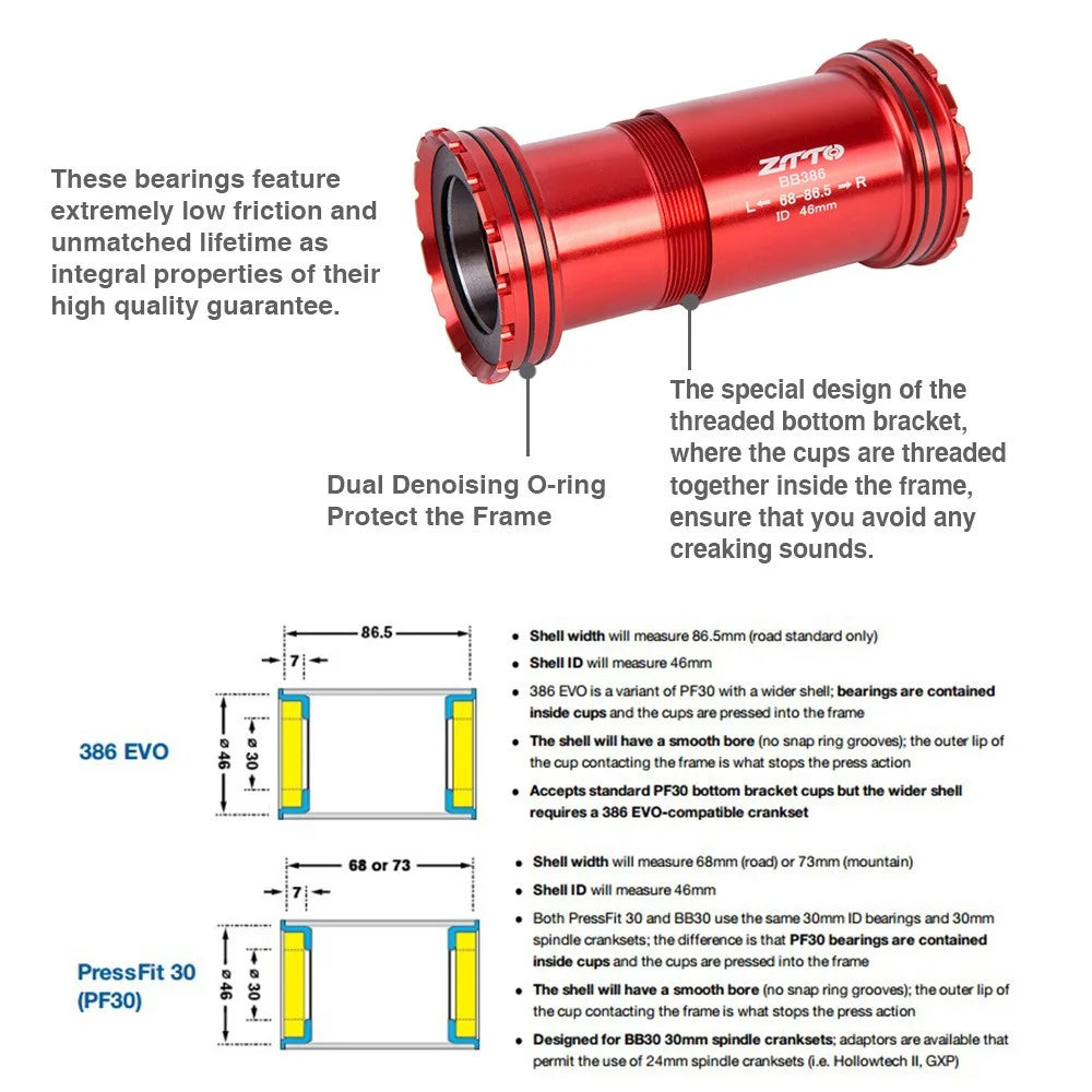 ZTTO BB386 Bicycle Bottom Bracket for BB386EVO / PF30 68 / 73 / 86mm 46mm Frame Shell 30mm Spindle Crankset Part - Ceramic Black - 3
