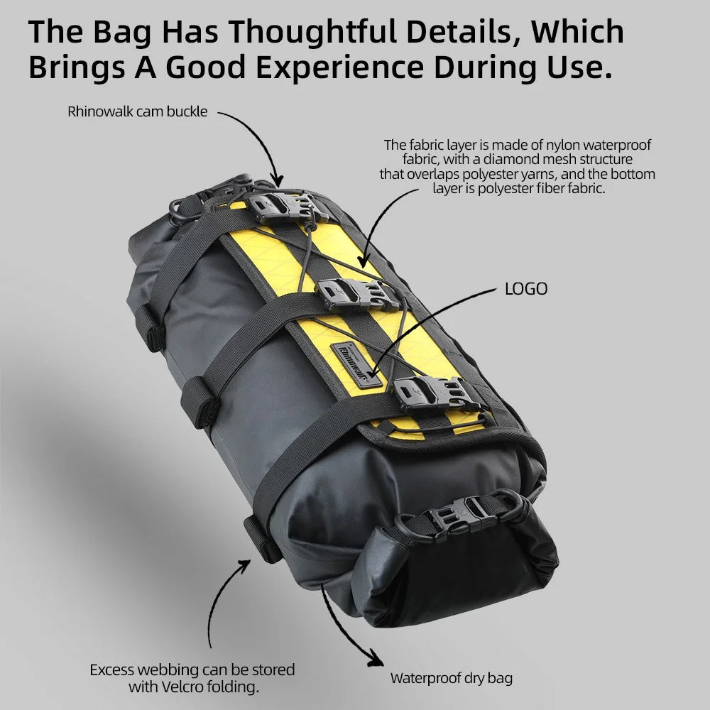 RHINOWALK Wilderness Series 8L Bike Handlebar Bag Waterproof 420D Nylon Bicycle Dry Bag - Black+Yellow - 4