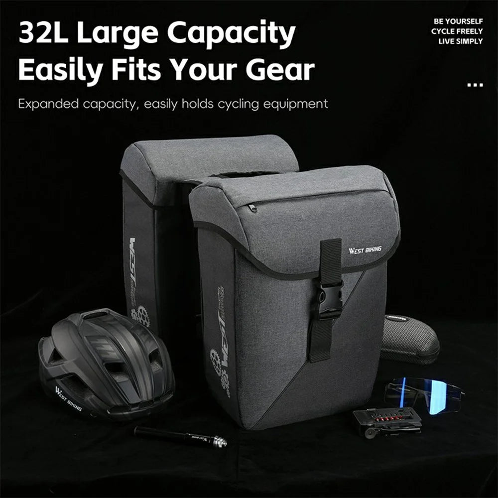 WEST BIKING YP0707427 Dual Rear Rack Bag 32L Bike Pannier Bag for Mountain / Road Bicycle Luggage Carrier - Black  /  Grey - 4