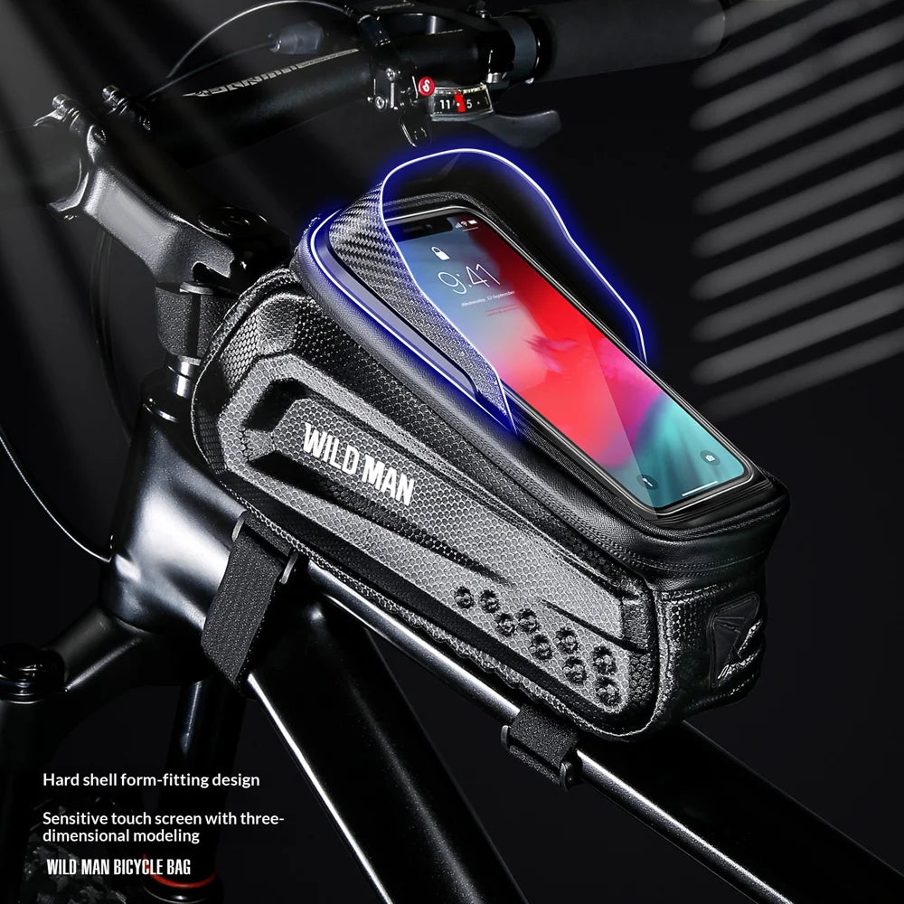 WILD MAN E10 EVA Hard Shell Bike Front Frame Bag Touchscreen Phone Holder Top Tube Bag for Cycling - Black/1L - 2