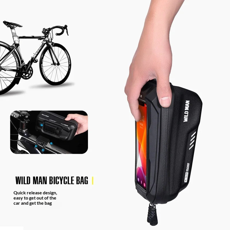 WILD MAN XS2 Bike Top Tube Bag EVA Hardshell Waterproof Touchscreen Phone Holder Bag for Mountain Road Cycling - Black/1L - 6