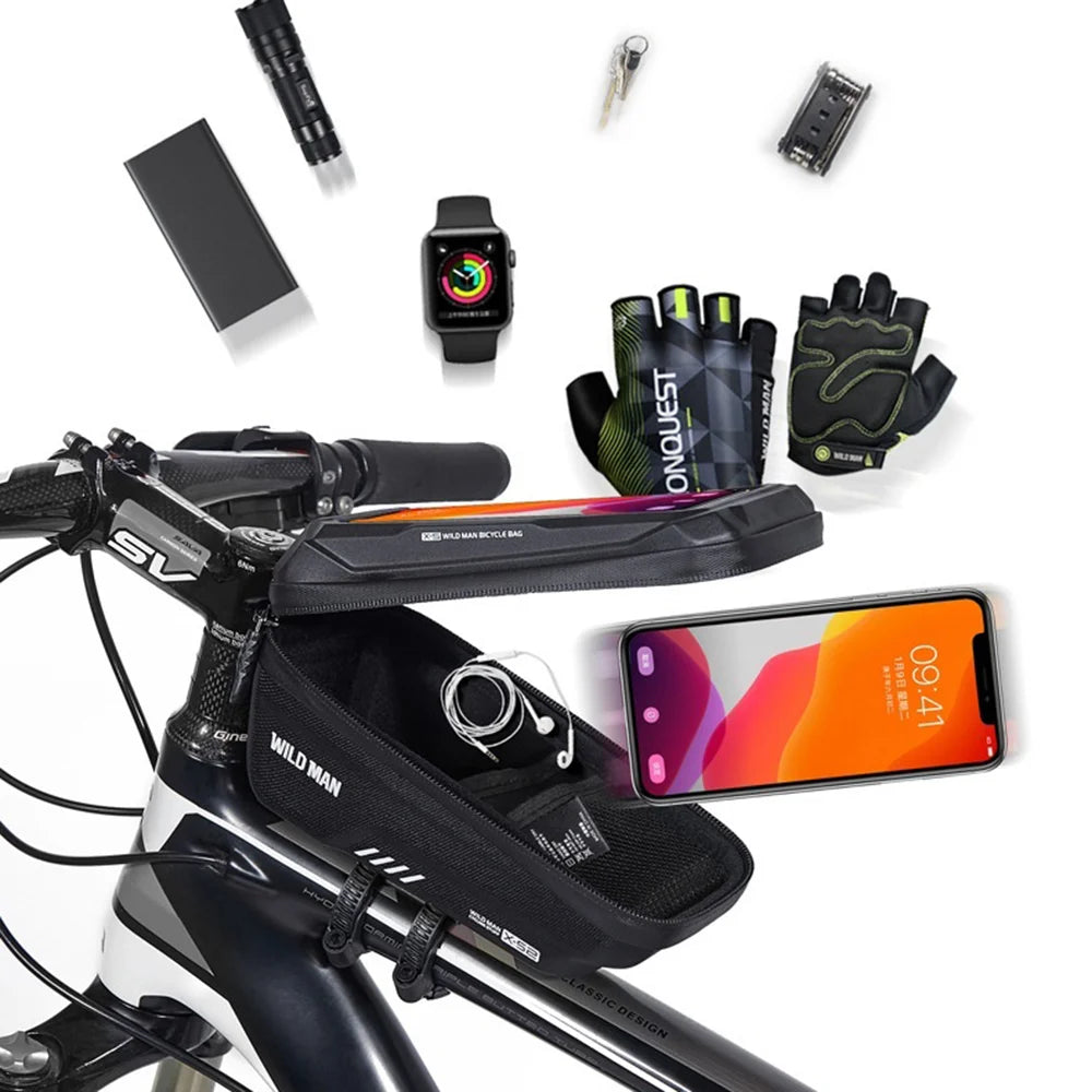 WILD MAN XS2 Bike Top Tube Bag EVA Hardshell Waterproof Touchscreen Phone Holder Bag for Mountain Road Cycling - Black/1L - 7
