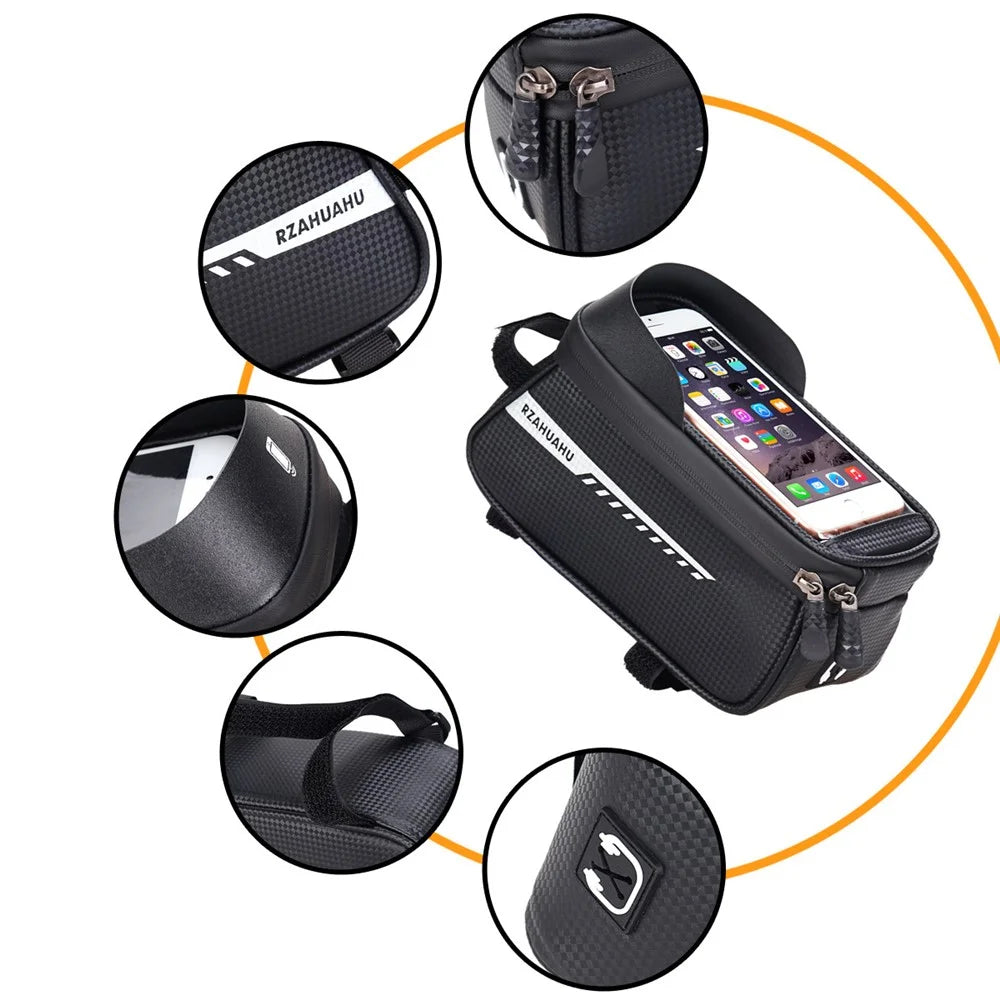 RZAHUAHU Waterproof Bike Phone Bag Bicycle Frame Bag Top Tube Touch Screen Cycling Phone Case for Cellphone Below 6.5 Inches - 6