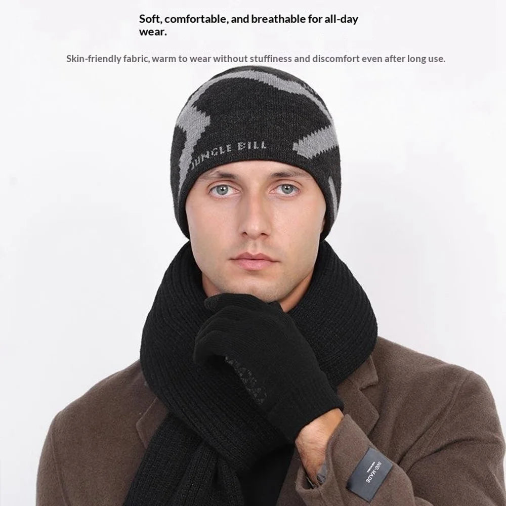 JUNGLE BILL For Men Winter Beanie Cap Geometric Pattern Outdoor Thermal Knit Hat - Dark Grey - 2
