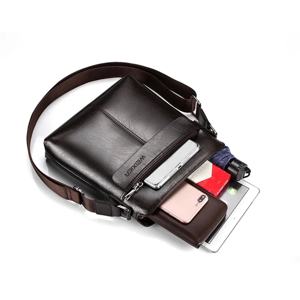 WEIXIER 18071 Business Men's Messenger Bag PU Leather Zipper Tablet Shoulder Bag - Dark Brown - 4