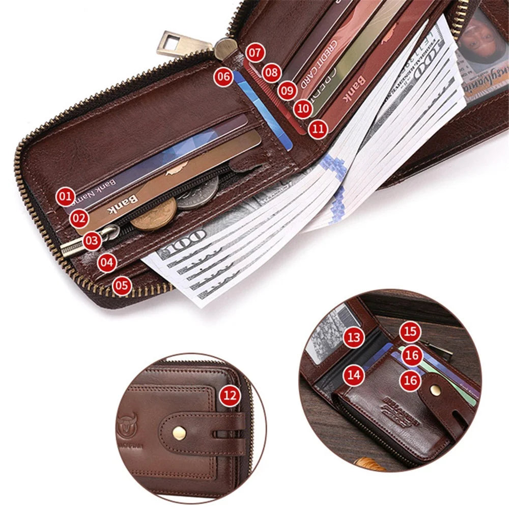 BULLCAPTAIN 232 Men's Wallet RFID Blocking Full Grain Cow Leather Card Bag Cash Money Storage Pouch - Coffee - 5