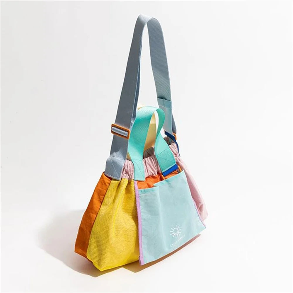 NL492 Size L Color Block Tote Bag Lightweight Nylon Foldable Crossbody Shoulder Handbag - Pink - 2