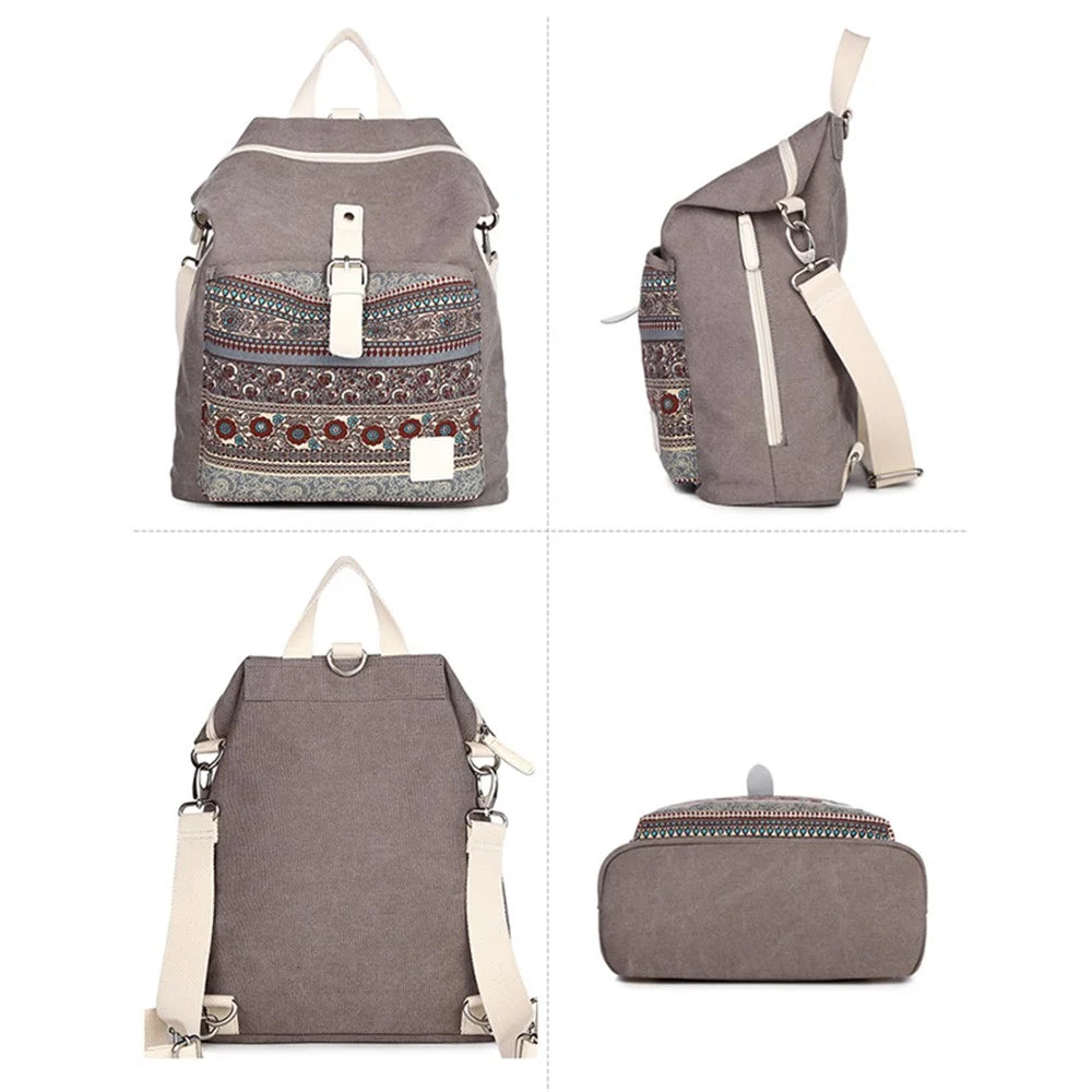 CANVASARTISAN T29-3 Ethnic Style Canvas Backpack School Bag Travel Daypack Shoulders Bag - Light Grey - 2
