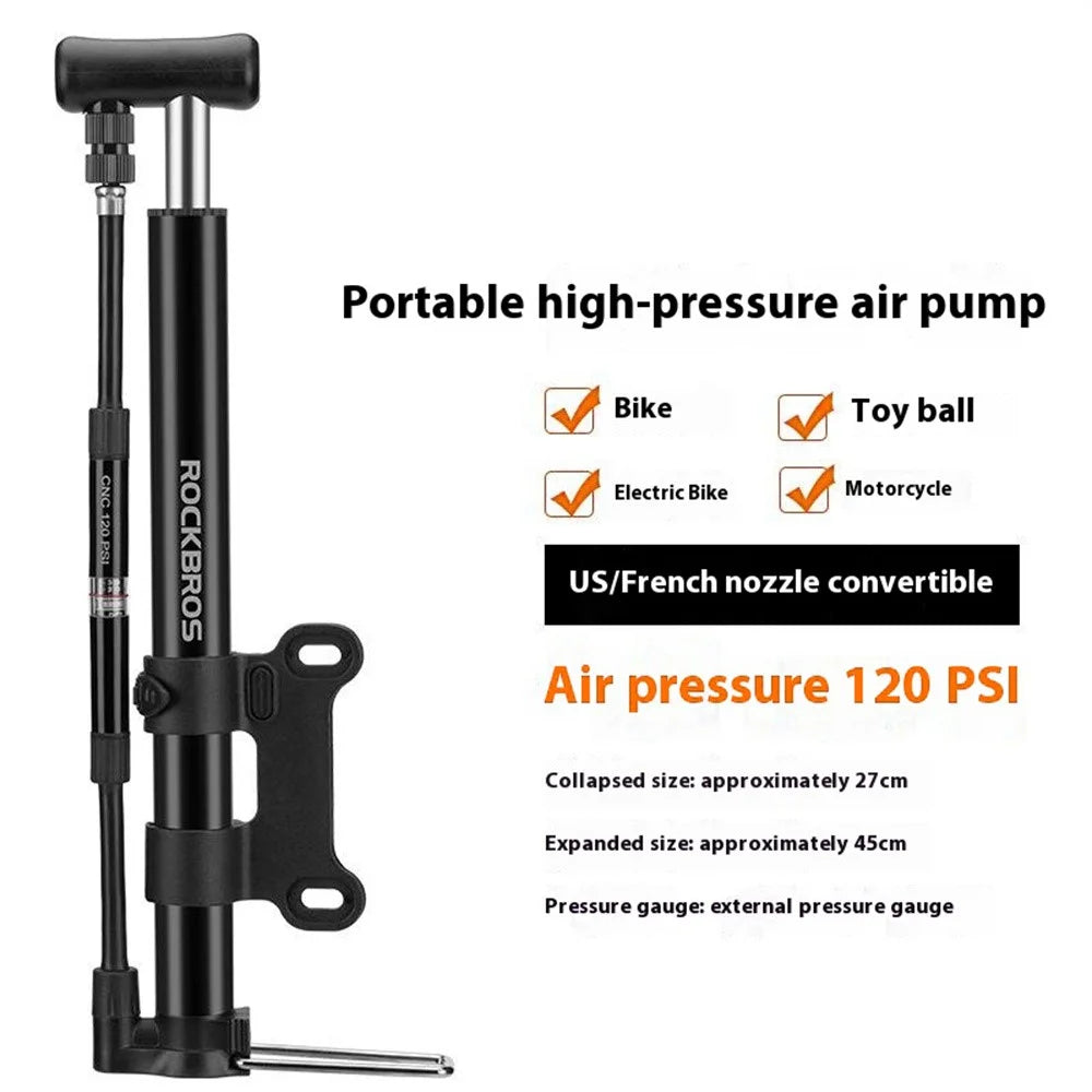 ROCKBROS MTB Road Bike 120PSI Portable Mini Pump Presta Schrader Valve Inflator with Pressure Gauge - Black - 2