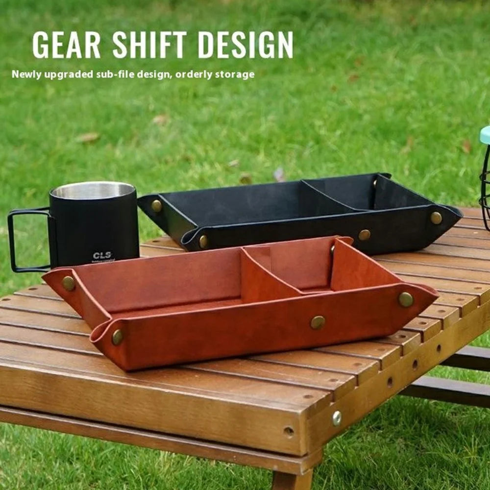 CLS Portable Outdoor PU Leather Sundries Organizer Folding Storage Tray for Camping BBQ - Brown - 5