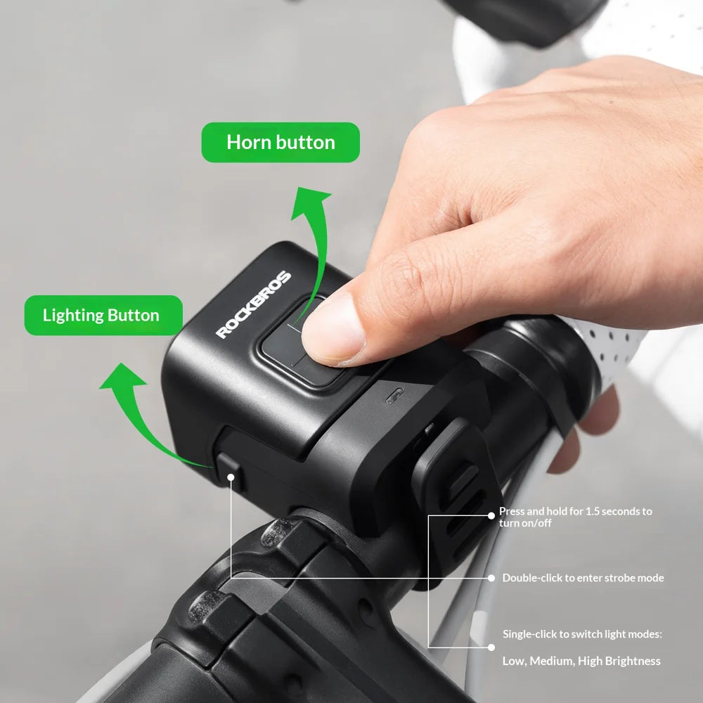 ROCKBROS SKL01 2 in 1 Electric Bike Front Light with Horn 450 Lumens 2300mAh Bicycle Headlight for Night Cycling - Black - 5