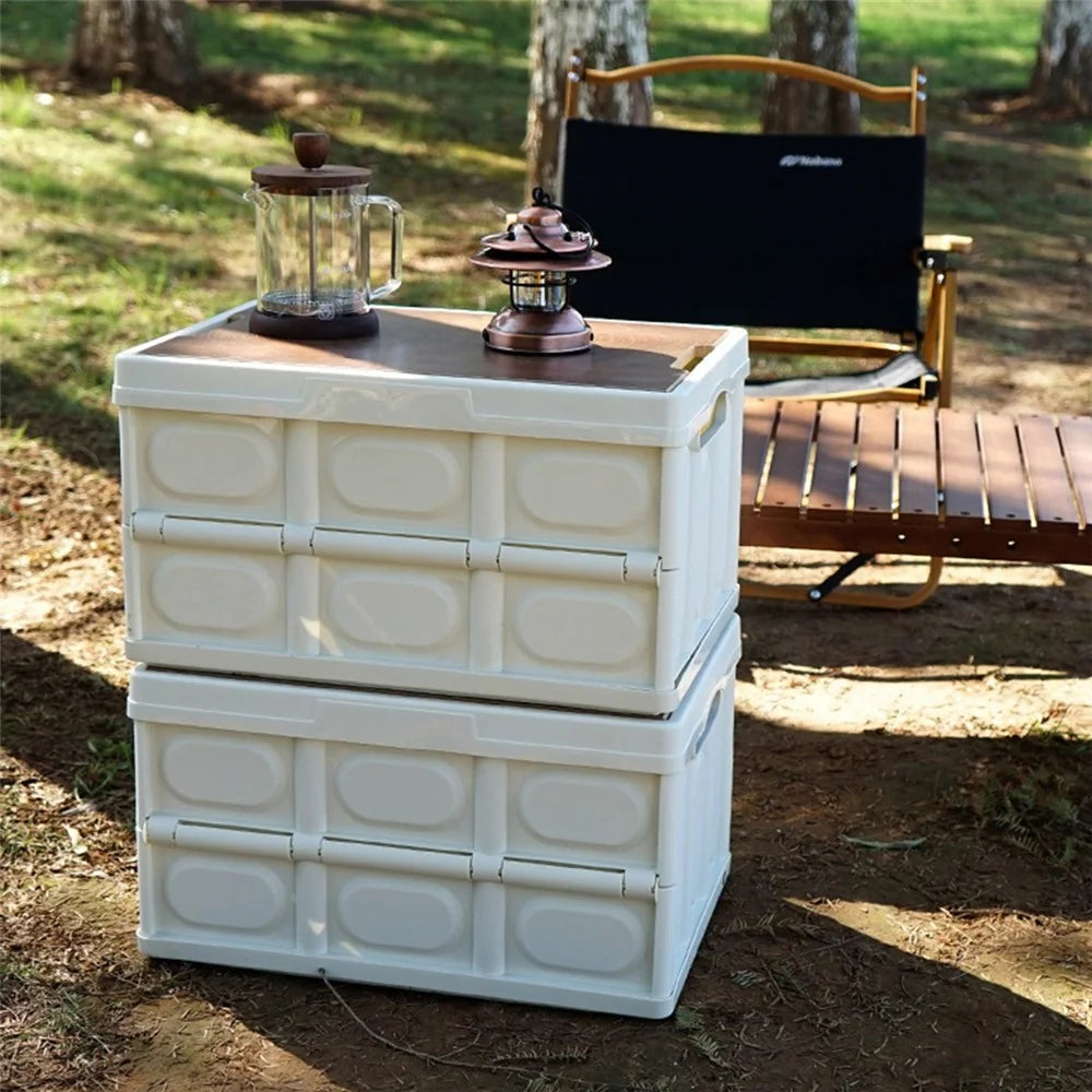 55L Outdoor Camping Wooden Lid Foldable Storage Box Car Food Container Fishing Picnic BBQ Organizer Box, Size L - White - 2
