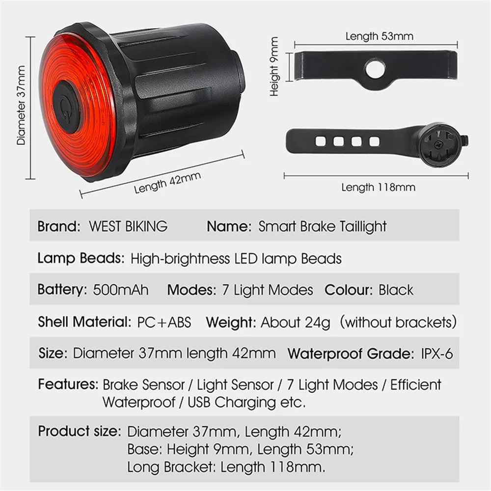 WEST BIKING YP0701317 USB Rechargeable Bike Cycling LED Tail Light Waterproof Bicycle Smart Brake Induction Warning Rear Lamp - Seat Post Tail Light - 7