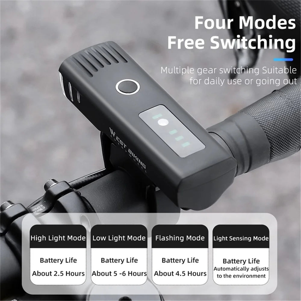 WEST BIKING Intelligent Light Sensing Bicycle Headlight IPX4 Waterproof Bike Front Light Portable Flashlight - 6