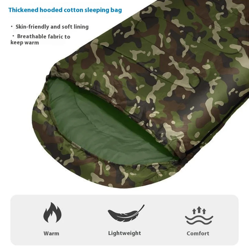 Envelope Sleeping Bag Outdoor Camping Hooded Adult Hollow Cotton Warm Sleep Bag, 1.8KG / -5~15 Degrees Celsius - Jungle Camouflage - 2