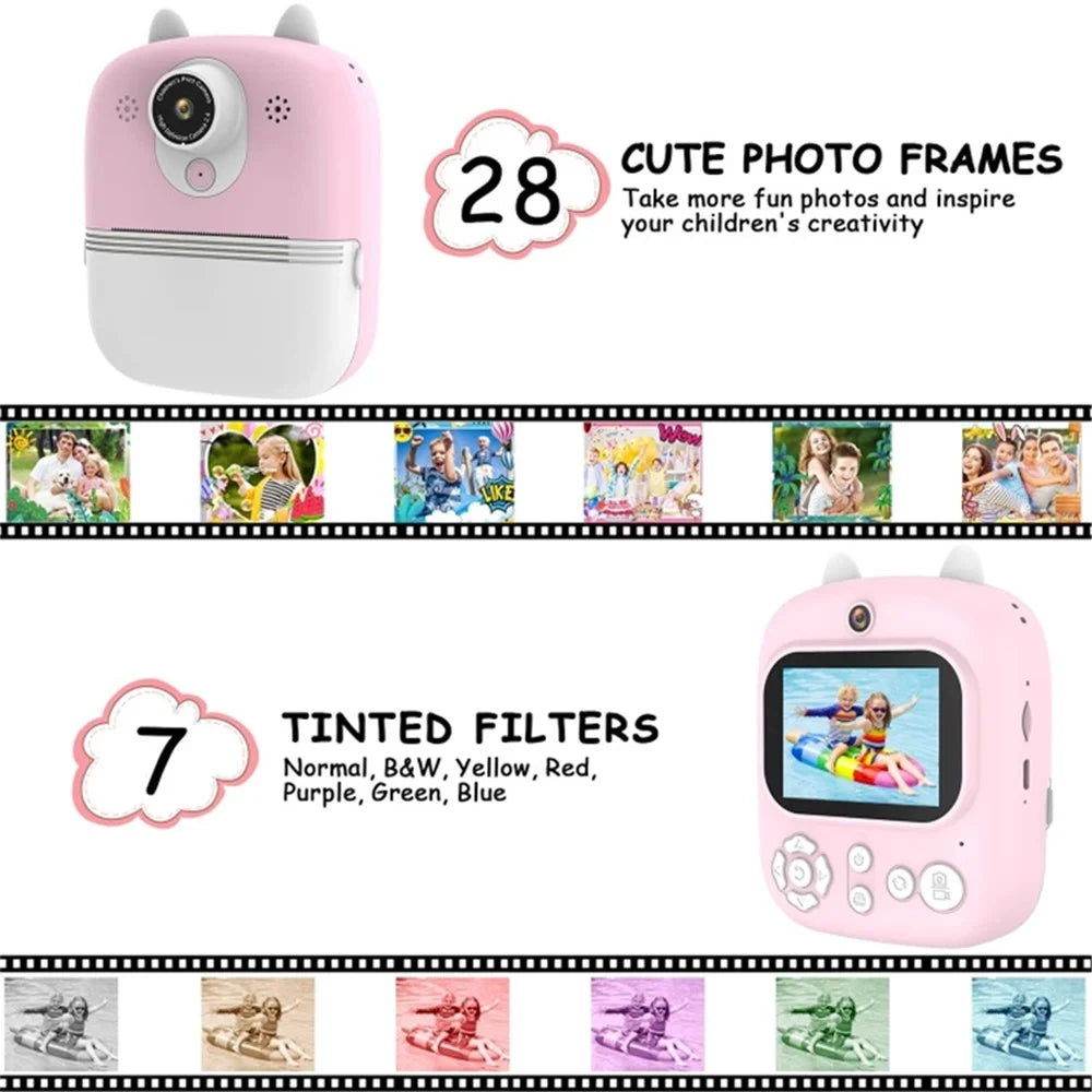 1200W Pixel 2.4-inch IPS Screen Kids Instant Camera Portable Cute Inkless Print Camera, Standard Version - Pink - 2