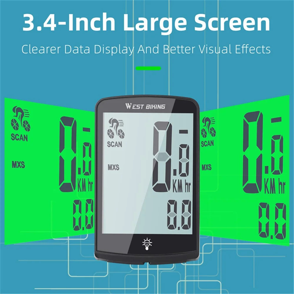 WEST BIKING YP0702100 3.4-inch Large Screen Speedometer Sensor APP Connect Cycling Code Meter for Bicycle, MTB, Road Bike - 3