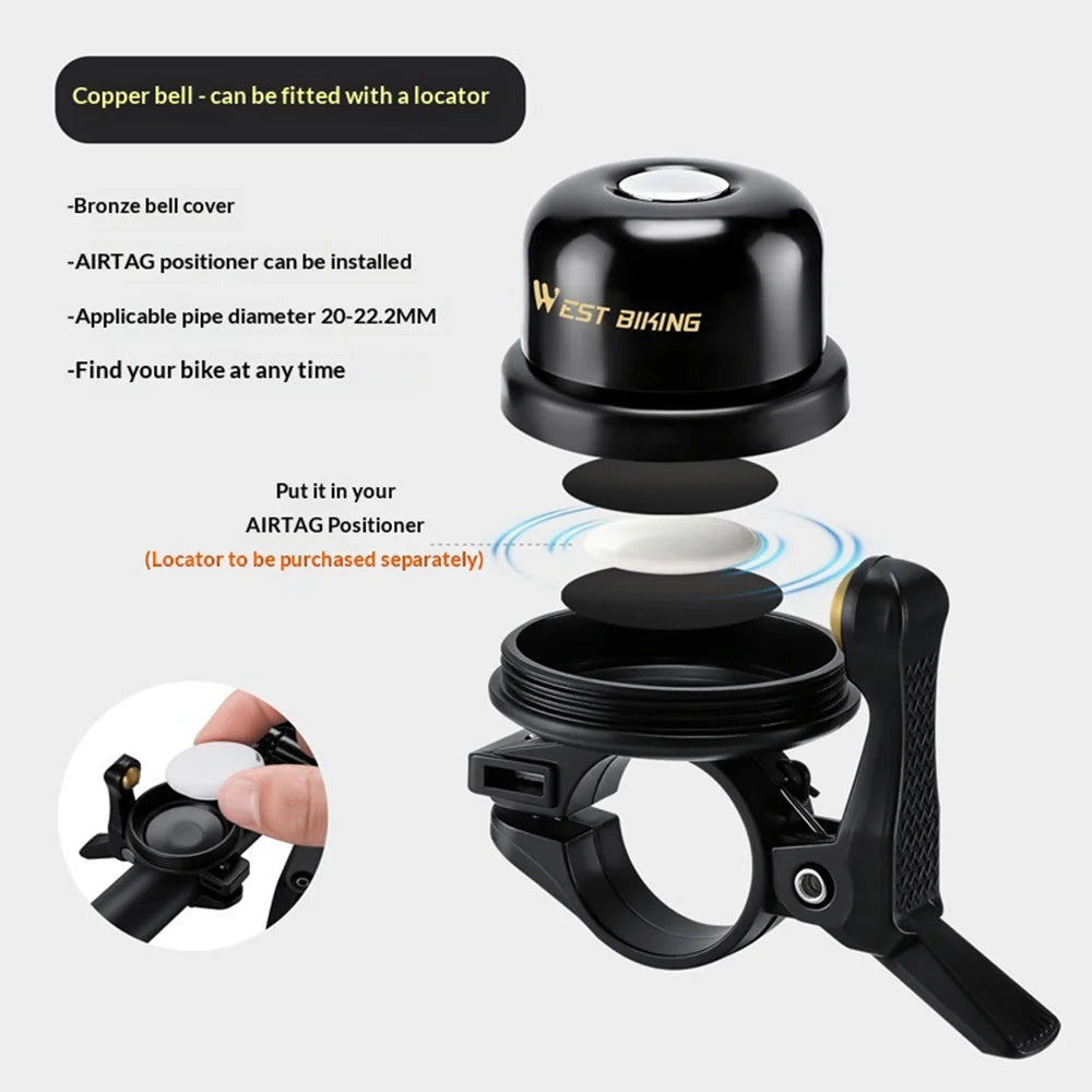 WEST BIKING YP0706074 Copper Bicycle Bell for AirTag Holder Anti-Theft Mountain Road Bike Warning Horn - Copper Bell - 2
