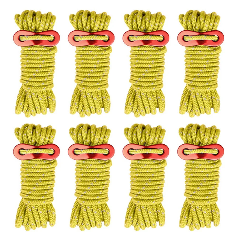 8 Bundles of Luminous Reflective Hiking Guyline High-Strength Outdoor Camping Adjustable Tent Rope with Aluminum Alloy Tensioner - Yellow - 1