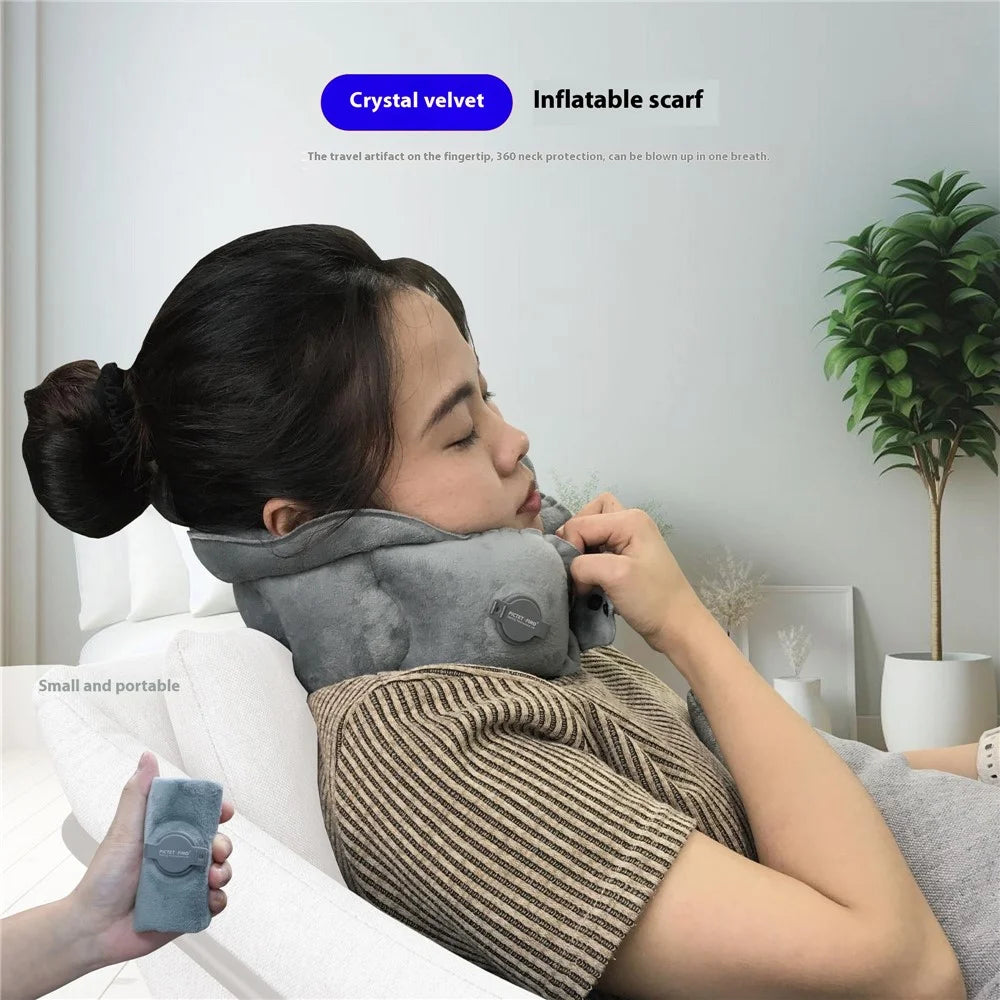 PICTET.FINO RH66 Crystal Velvet Inflatable Neck Pillow Travel-Friendly Portable Neck Pillow - Grey - 2