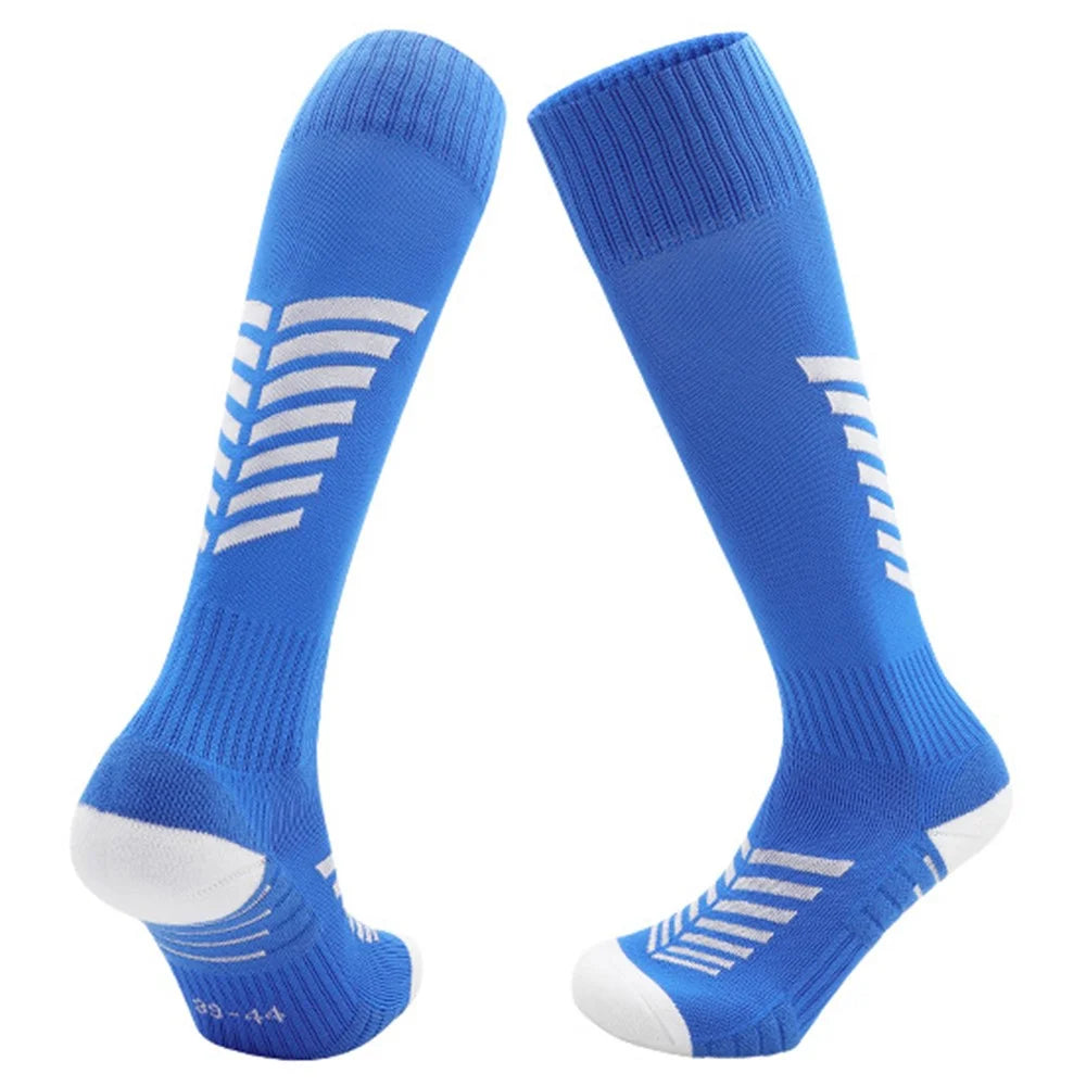 PORFIN 1 Pair Summer Long Soccer Socks Men Quick Dry Anti Slip High Tube Terry Cloth Bottom Socks, Size S - Dark Blue+White - 1