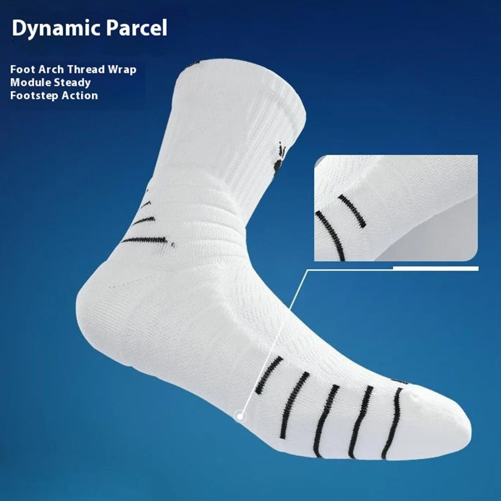 PORFIN 1 Pair Summer Long Soccer Socks Men Quick Dry Anti Slip High Tube Terry Cloth Bottom Socks, Size L - Dark Blue+White - 2