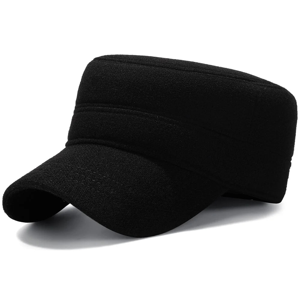 Winter Solid Color Flat Top Cap Thermal Fleece Lined Military Hat Built In Windproof Ear Flaps - Black - 1