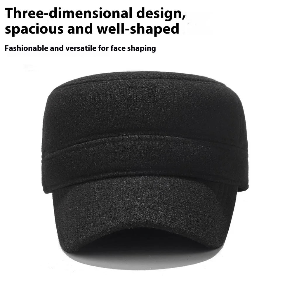 Winter Solid Color Flat Top Cap Thermal Fleece Lined Military Hat Built In Windproof Ear Flaps - Black - 2