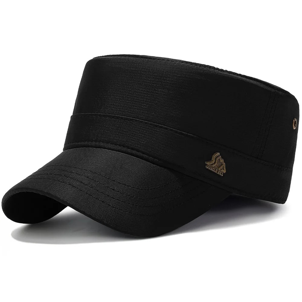 JUNGLE BILL Fashion Casual Flat Top Cap Outdoor Quick Dry Waterproof Sun Protection Hat with Metal Badge - Black - 1