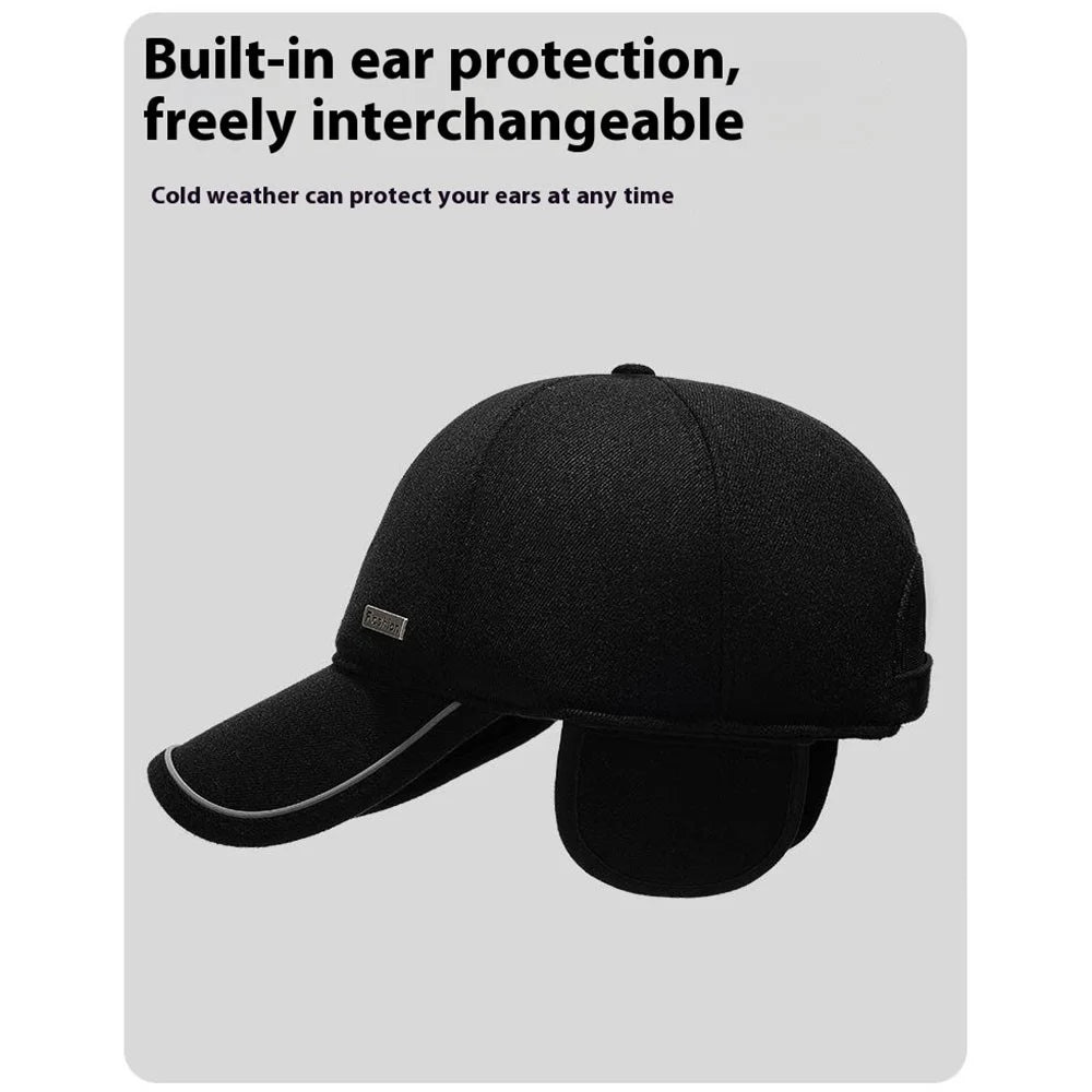 2025d20 Baseball Cap Middle-Aged Elderly Men Winter Outdoor Windproof Warm Ear Protection Hat - Black - 2