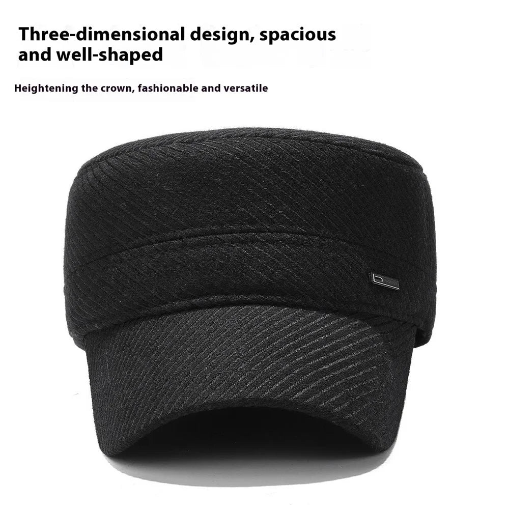 2025d19 Men Winter Outdoor Hat Warm Fleece Lined Earflap Cap Adjustable Flat Top Hat - Black - 2