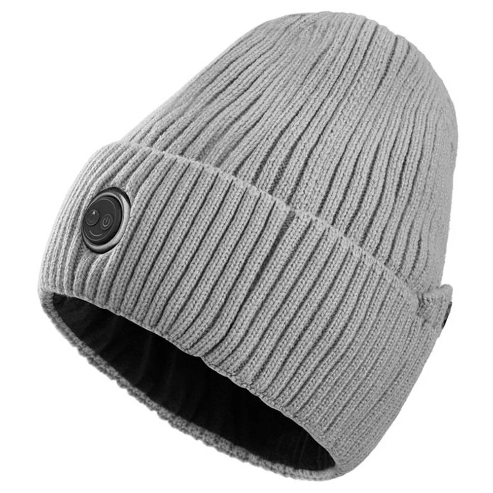 Winter Fleece Lined Heated Beanie with 5000mAh Battery 3 Gears Electric Heating Cap for Outdoor Skiing - Grey - 1