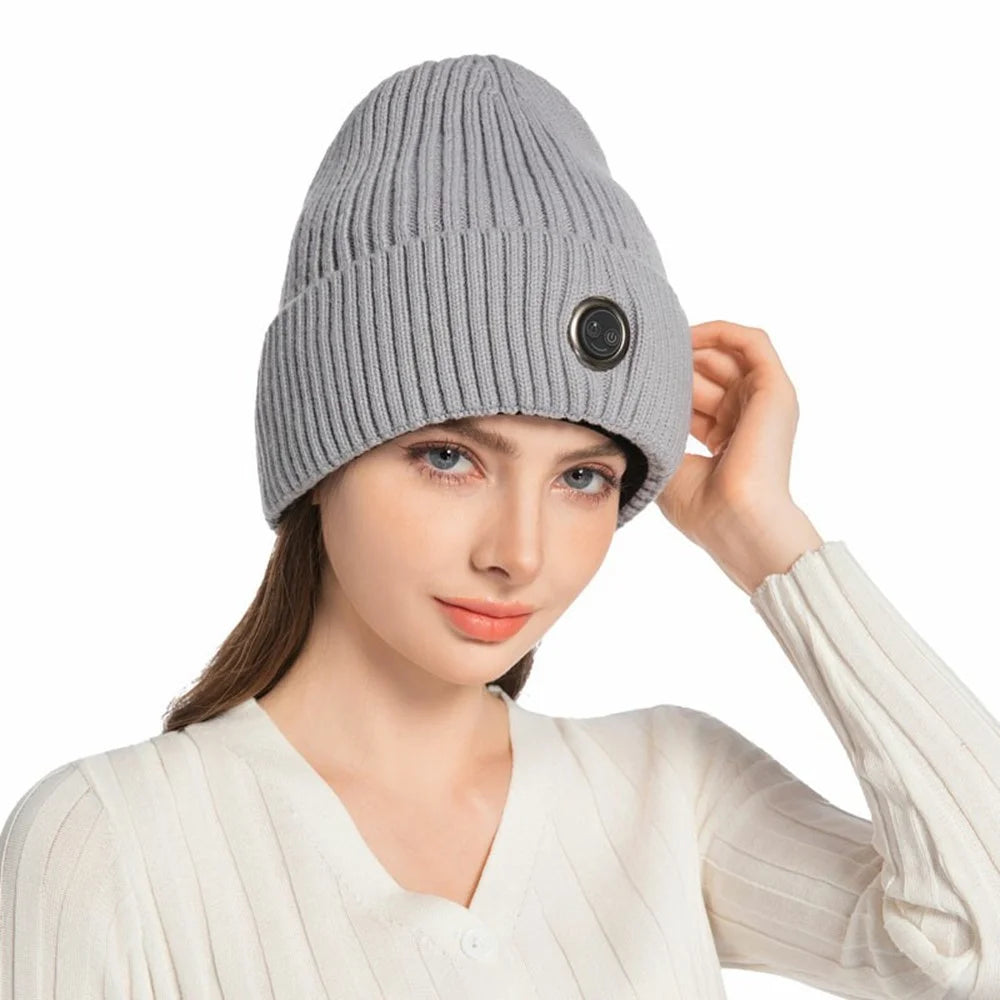 Winter Fleece Lined Heated Beanie with 5000mAh Battery 3 Gears Electric Heating Cap for Outdoor Skiing - Grey - 2