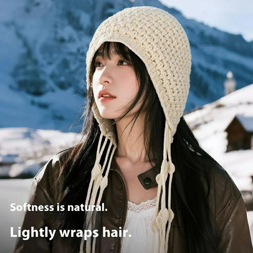 DMZ117 Handmade Knit Beanie Hat for Women Earflap Design Openwork Crochet Winter Skull Cap with Tassels - Wine Red - 2
