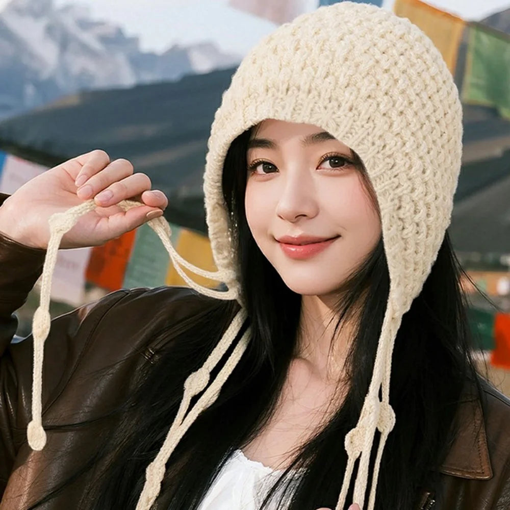 DMZ117 Handmade Knit Beanie Hat for Women Earflap Design Openwork Crochet Winter Skull Cap with Tassels - Wine Red - 6