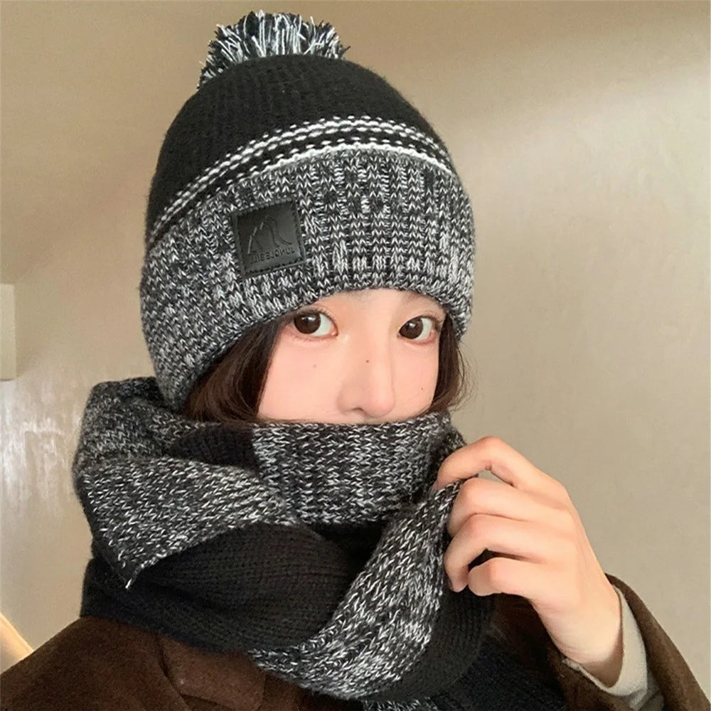 JUNGLEBILL 2Pcs / Set Winter Windproof Knit Scarf and Thermal Fleece Lined Beanie Hat with Pompom for Adult / Children - Black+Grey / Adult - 2
