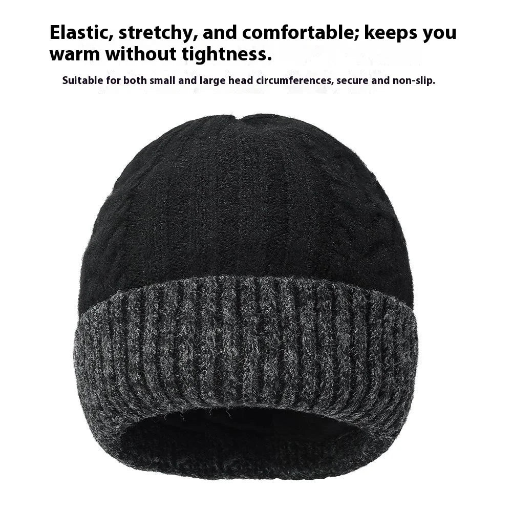 Winter Fleece Lined Knit Hat Color Block Ear Protection Elastic Beanie Cap for Men Women - Black - 2