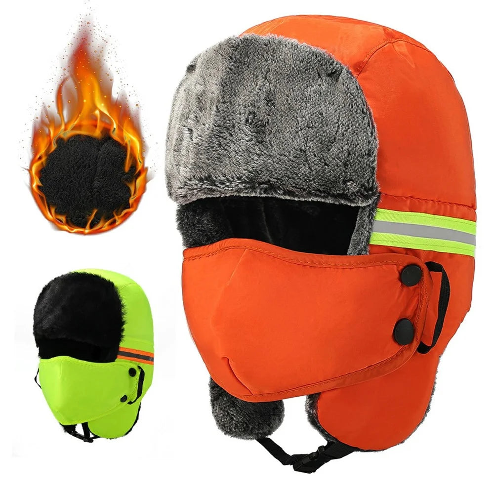 Winter Safety Hat with Reflective Strips Fleece Lined Trapper Hat Warm Protective Headwear for Outdoor - Orange - 2