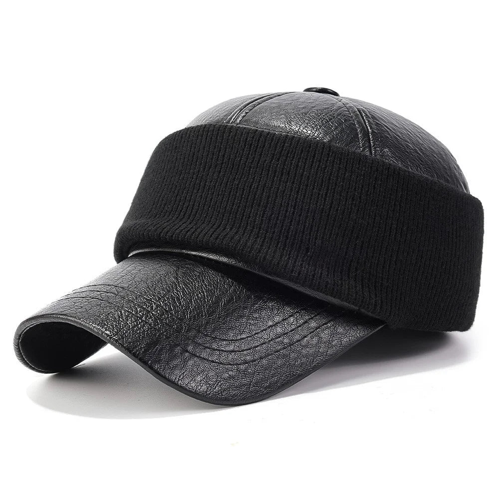 PU Leather Outdoor Warm Hat for Men Autumn Winter Baseball Cap with Ear Flaps - Black - 1
