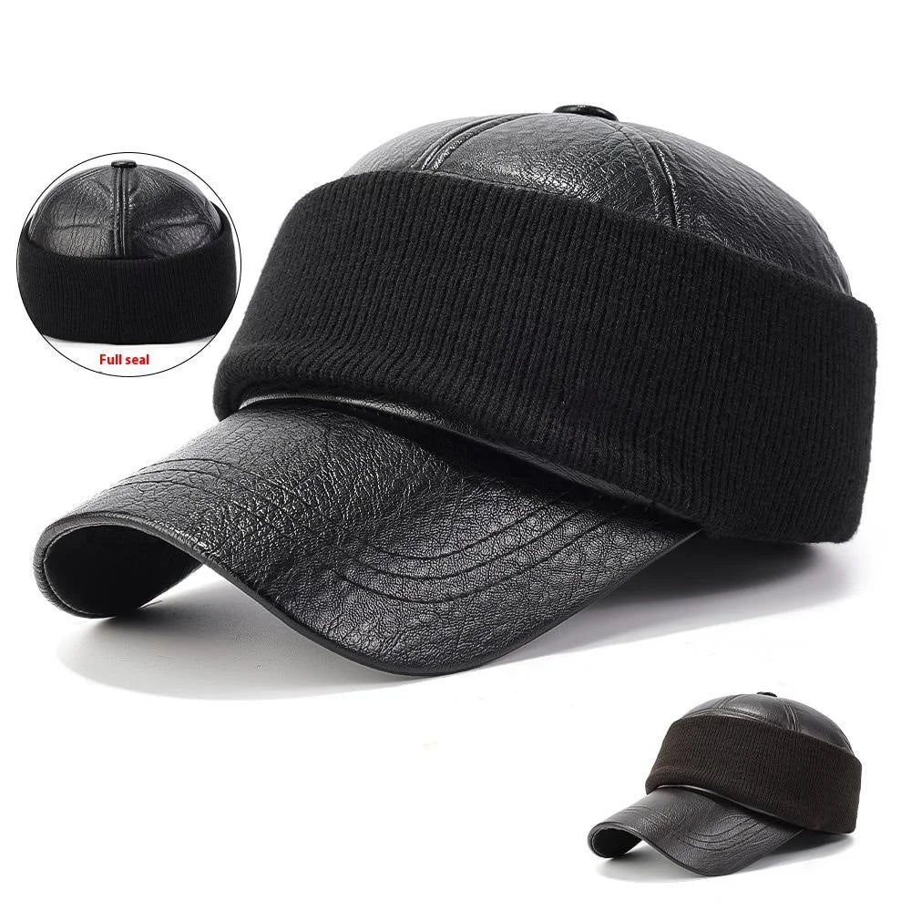 PU Leather Outdoor Warm Hat for Men Autumn Winter Baseball Cap with Ear Flaps - Black - 2