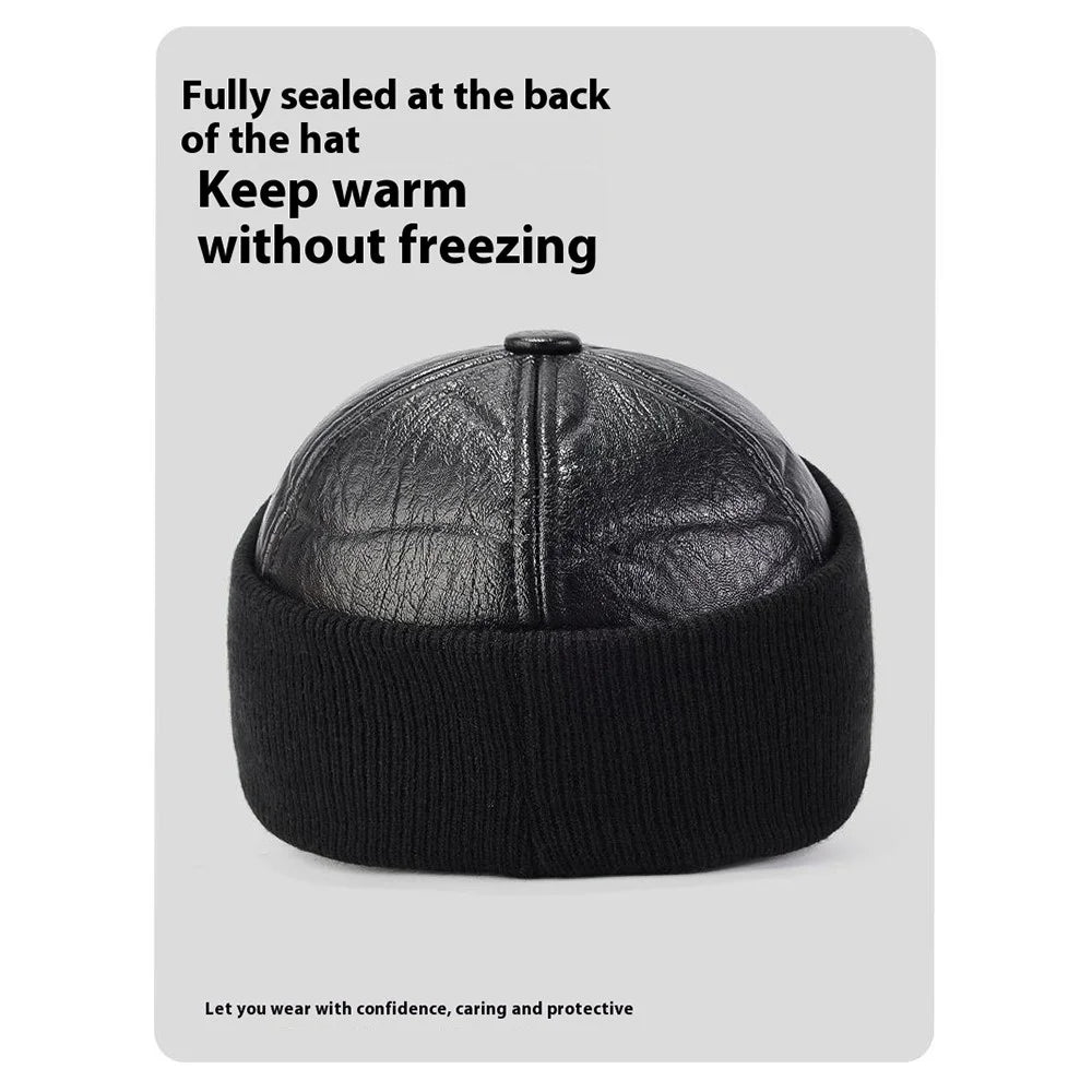 PU Leather Outdoor Warm Hat for Men Autumn Winter Baseball Cap with Ear Flaps - Black - 5